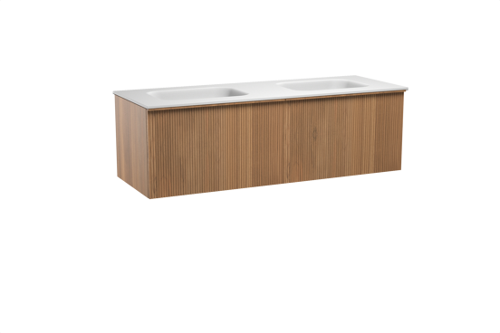 Balmani Forma zwevend badmeubel 150 x 55 cm teakhout met Tablo Arcato dubbele wastafel in solid surface mat wit, Verticale symmetrische rechte ribbel