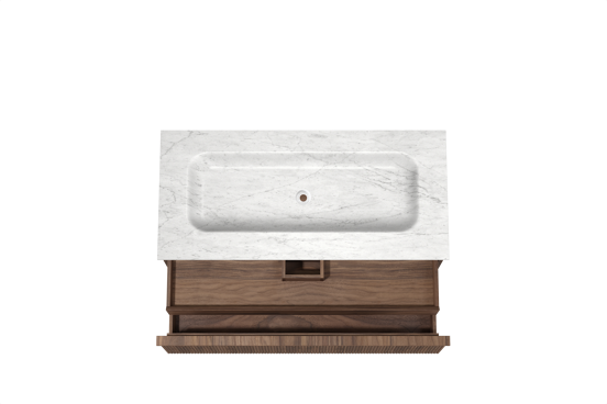 Balmani Forma hängendes Möbelstück Set: 120 x 55 cm, Amerikanischer Nussbaum, mit Tablo Arcato Einzelwaschtisch, Marmor, Carrara, Vertikale symmetrische gerade Rippe