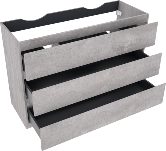 Linie Lado stehender Waschbeckenunterschrank: 120 x 46 cm, Beton dunkelgrau, 3 Schubladen, 2 Siphonaussparungen