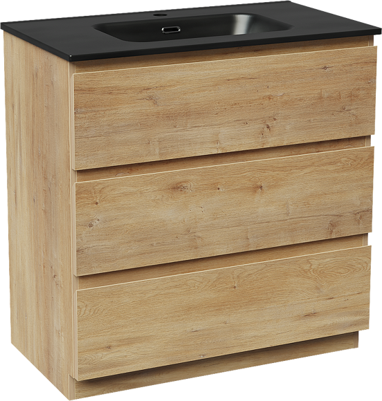Linie Lado staand badmeubel 80 x 46 cm naturel eiken met Baro enkele wastafel in porselein mat zwart