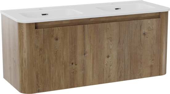 Storke Soft zwevend badkamermeubel 120 x 46 cm ruwe eik met Kera Soft dubbele wastafel in porselein mat wit