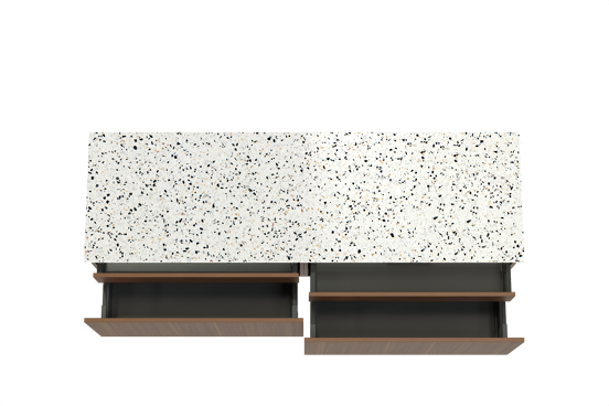 Balmani Sfera hängendes Möbelstück Set: 180 x 55 cm, Amerikanischer Nussbaum, mit Stretto Einzel- oder Doppel Waschtischplatte, Terrazzo in Weiß/Schwarz matt