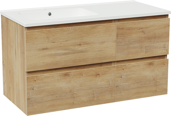 Linie Lado zwevend badmeubel 100 x 46 cm naturel eiken met Vano asymmetrisch linkse wastafel in composietmarmer hoogglans wit