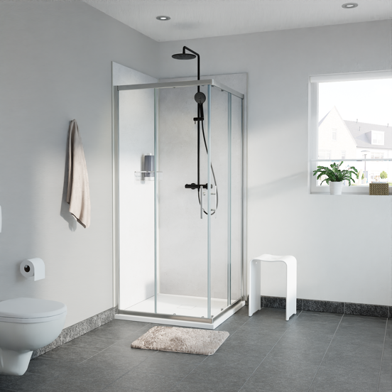 Linie Cadiz douchehoek met hoekinstap met dubbel schuifdeur 80 x 80 cm helder glas geborsteld chroom profiel