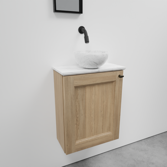 Balmani Lemon hängendes WC-Möbel-Set, 42 x 21 cm, Eiche verwittert, mit Facetta Waschtischplatte und Bari XS Aufsatzbecken in Carrara-Marmor