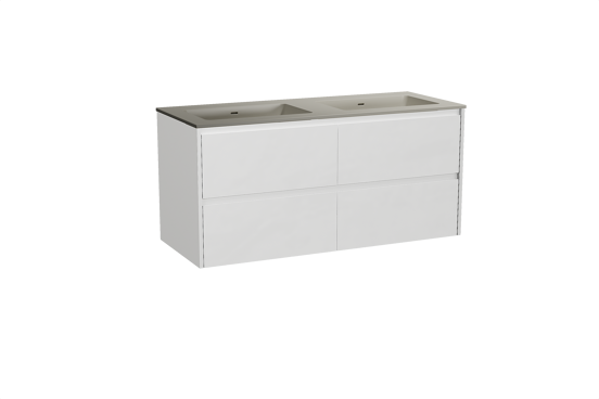 Storke Seda zwevend badkamermeubel 130 x 52 cm mat wit met Diva dubbele wastafel in top solid zijdegrijs