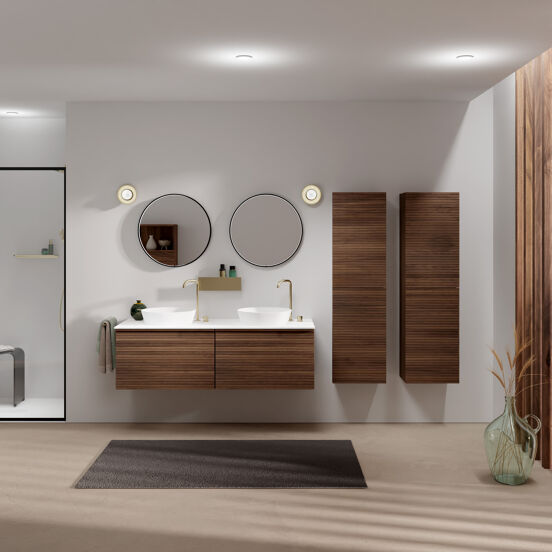 Balmani Forma zwevend badmeubel 150 x 55 cm amerikaans notenhout met Stretto enkel of dubbel wastafelblad in solid surface mat wit, Horizontale symmetrische rechte ribbel