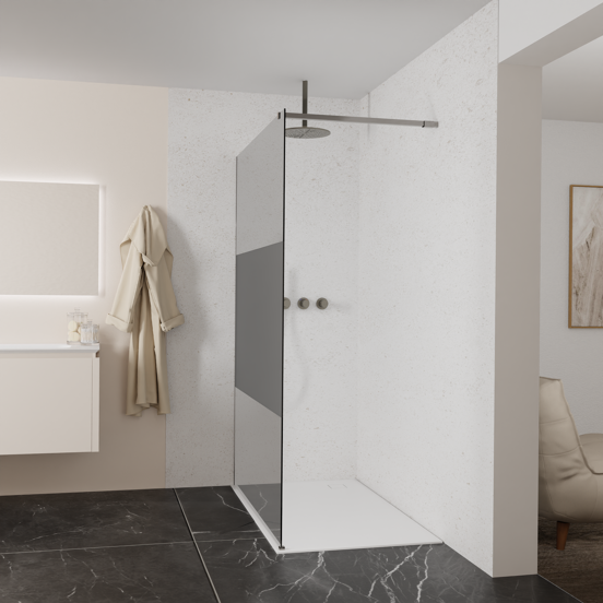 Balmani Modular inloopdouche: 140 x 200 cm, Rookglas met matte strook met coating, Brushed GunMetal profielen