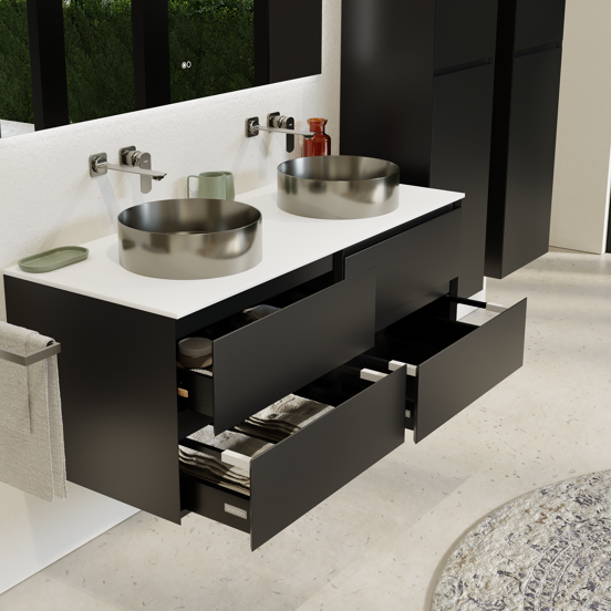 Balmani Mitra zwevend badkamermeubel 135 x 55 cm mat zwart met Stretto enkel of dubbel tablet in solid surface mat wit