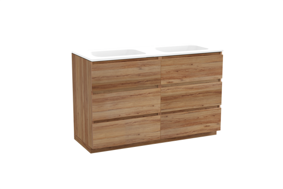 Balmani Lucida freistehendes Möbelstück Set: 135 x 55 cm, Teak, mit Tablo Strada Doppelwaschtisch, Marmorkomposit Weiß matt
