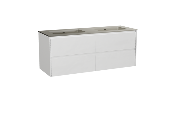 Storke Seda meuble salle de bains suspendu 150 x 52 cm blanc mat avec Diva double vasque en top solid soie grise