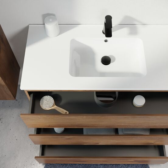 Linie Lado staand badmeubel 120 x 46 cm bruin eiken met Vano dubbele wastafel in composietmarmer hoogglans wit