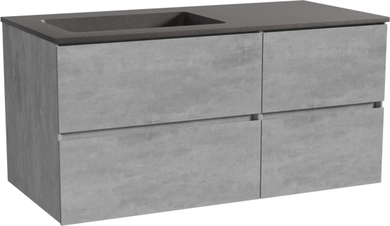 Storke Edge zwevend badmeubel 110 x 52 cm beton donkergrijs met Scuro asymmetrisch linkse wastafel in kwarts mat zwart