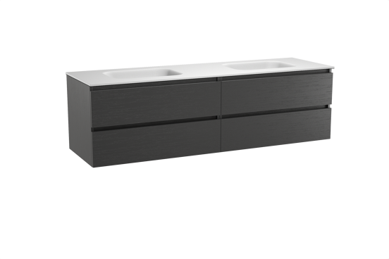 Balmani Lucida zwevend badkamermeubel 180 x 55 cm zwarte eik met Tablo Arcato dubbele wastafel in solid surface mat wit