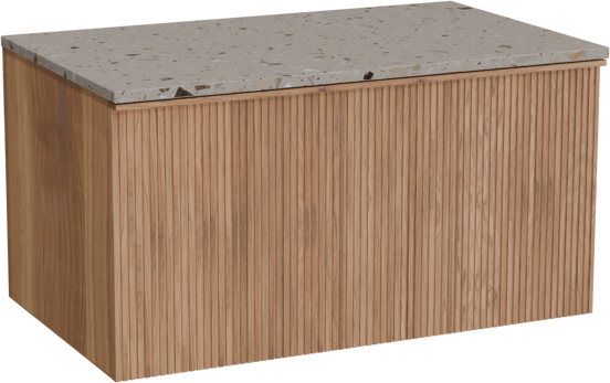 Balmani Forma hängendes Möbelstück Set: 90 x 55 cm, Teak, mit Stretto Einzel Waschtischplatte, Terrazzo in Greige, Vertikale symmetrische gerade Rippe