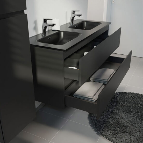 Linie Lado hängendes Möbelstück Set: 120 x 46 cm, Schwarz matt, mit Baro Doppelwaschtisch, Porzellan Schwarz matt