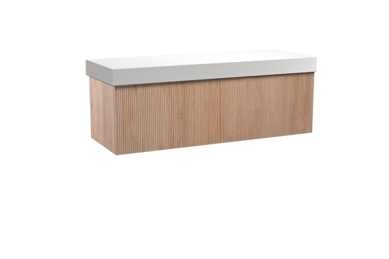 Balmani Forma hängendes Möbelstück Set: 150 x 55 cm, Naturbelassene Eiche, mit Dominus Einzel- oder Doppel Waschtischplatte, Solid Surface, Weiß matt, Vertikale symmetrische gerade Rippe