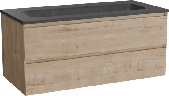 Balmani Mitra meuble salle de bains suspendu 120 x 55 cm chêne brut avec Tablo Arcato lavabo simple pour 2 trous de robinet en granit noir