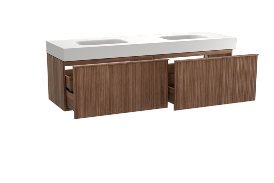 Balmani Forma zwevend badkamermeubel 180 x 55 cm amerikaanse notelaar met Arcato dubbele wastafel in solid surface mat wit, Verticale asymmetrische ronde ribbel