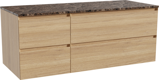 Balmani Mitra zwevend badkamermeubel 135 x 55 cm natuur eik met Stretto enkel of dubbel tablet in marmer dark emperador