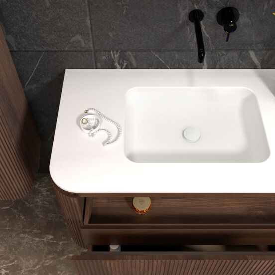 Balmani Moon meuble salle de bains suspendu 160 x 55 cm noyer américain avec Moon double vasque en solid surface blanc mat, Nervure droite symétrique verticale