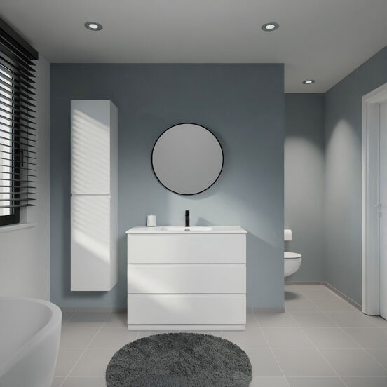 Linie Lado staand badmeubel 100 x 46 cm mat wit met Baro enkele wastafel in porselein hoogglans wit