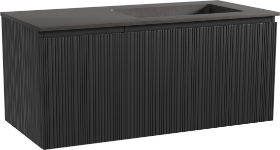 Storke Ribs zwevend badkamermeubel 110 x 52 cm zwarte eik met Scuro asymmetrisch rechtse wastafel in kwarts mat zwart, Verticale asymmetrische rechte ribbel