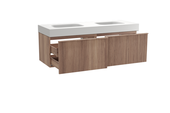 Balmani Forma zwevend badkamermeubel 150 x 55 cm teak met Arcato dubbele wastafel in solid surface mat wit, Verticale symmetrische rechte ribbel