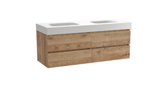 Balmani Lucida zwevend badkamermeubel 150 x 55 cm ruwe eik met Arcato dubbele wastafel in solid surface mat wit
