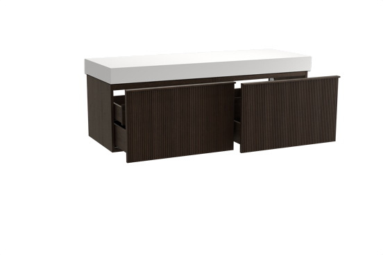 Balmani Forma zwevend badkamermeubel 150 x 55 cm gerookte eik met Dominus enkel of dubbel tablet in solid surface mat wit, Verticale symmetrische rechte ribbel