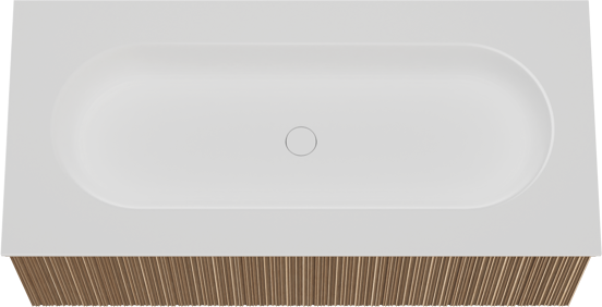 Balmani Forma zwevend badkamermeubel 120 x 55 cm natuur eik met Tablo Oval enkele wastafel voor 2 kraangaten in solid surface mat wit, Verticale asymmetrische ronde ribbel