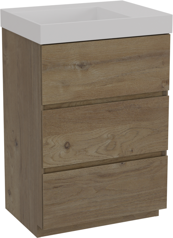 Storke Edge staand badkamermeubel 60 x 46 cm ruwe eik met Jura asymmetrisch linkse wastafel in solid surface mat wit