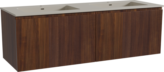 Storke Ribs zwevend badmeubel 150 x 52 cm notenhout met Diva dubbele wastafel in top solid zijdegrijs, Verticale symmetrische rechte ribbel