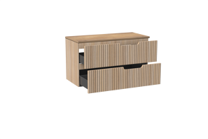 Linie Ribbo zwevend badkamermeubel 100 x 46 cm lichte eik met Lado enkel of dubbel tablet in melamine natuur eik, Verticale symmetrische ronde ribbel