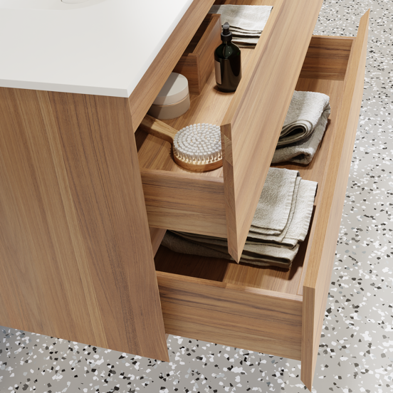 Balmani Mitra meuble salle de bains suspendu 75 x 55 cm teck avec Tablo Arcato plan simple en solid surface blanc mat