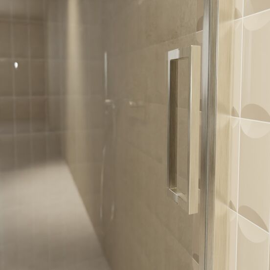 Balmani Senses Design Dusche Schiebetür, Links, 120 cm x 210 cm, Reflex-Spiegelglas, Profil Brushed CoolMetal