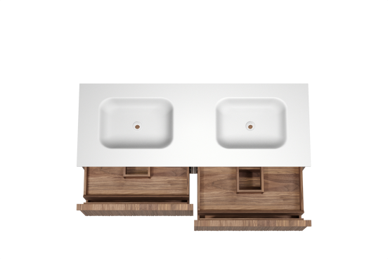 Balmani Forma meuble salle de bains suspendu 150 x 55 cm noyer américain avec Tablo Arcato double vasque en solid surface blanc mat, Nervure circulaire asymétrique verticale