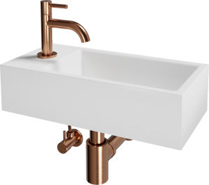 Luca Varess Cubic Handwaschbecken Set, Keramik weiß glänzend, 40,5 x 20 cm, Links, inklusive Rosegold Wasserhahn und Zubehör