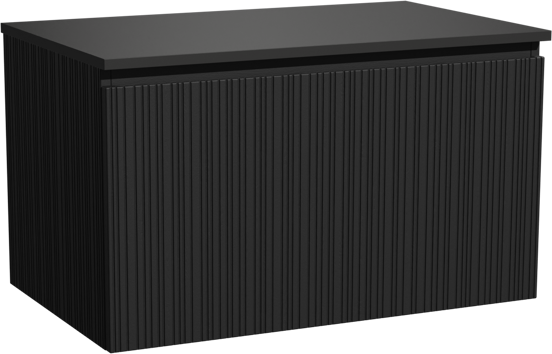 Storke Ribs meuble salle de bains suspendu 85 x 52 cm chêne noir avec Panton tablette simple en mdf enduit de poudre noir mat, Nervure droite asymétrique verticale