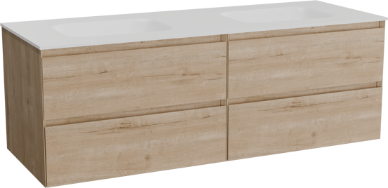 Balmani Mitra meuble salle de bains suspendu 150 x 55 cm chêne brut avec Tablo Arcato double vasque en solid surface blanc mat