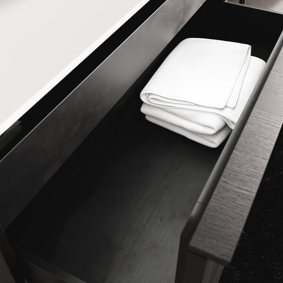Balmani Forma hängendes Möbelstück Set: 120 x 55 cm, Schwarze Eiche, mit Tablo Arcato Einzelwaschtisch für 2 Armaturenlöcher, Solid Surface, Weiß matt, Vertikale symmetrische gerade Rippe