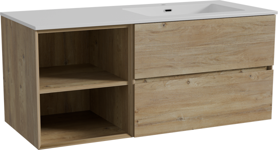Storke Edge meuble salle de bains suspendu 120 x 52 cm chêne brut avec Diva plan vasque asymétrique à droite en marbre composite blanc brillant