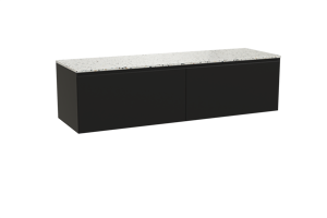 Balmani Idra zwevend badkamermeubel 180 x 55 cm mat zwart met Stretto enkel of dubbel tablet in mat wit/zwart terrazzo