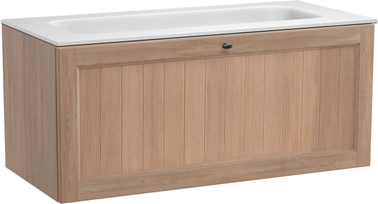 Balmani Lemon zwevend badkamermeubel 120 x 55 cm verweerde eik met Tablo Arcato enkele wastafel voor 2 kraangaten in solid surface mat wit