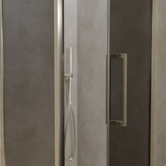 Balmani Senses Design douchecabine met rechtse draaideur en vaste zijwand, 90 x 90 cm, Rookglas, Brushed CoolMetal profielen