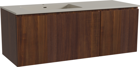 Storke Ribs meuble salle de bains suspendu 130 x 52 cm noyer avec Diva vasque asymétrique gauche en top solid soie grise, Nervure droite symétrique verticale