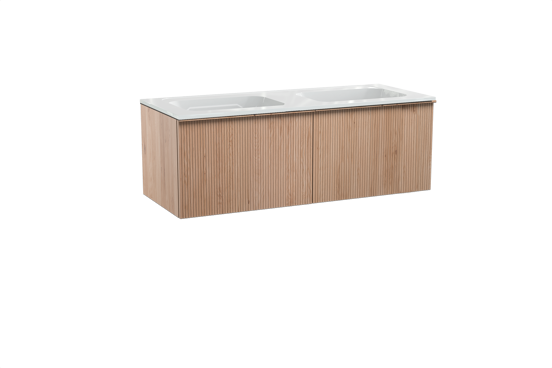 Balmani Forma zwevend badkamermeubel 135 x 55 cm natuur eik met Tablo Strada dubbele wastafel in composietmarmer glanzend wit, Verticale symmetrische rechte ribbel