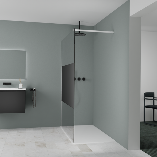Balmani Modular inloopdouche: 140 x 200 cm, Rookglas met matte strook met coating, Mat witte profielen