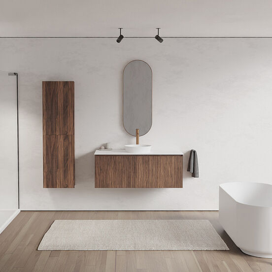 Balmani Fila hängendes Möbelstück Set: 120 x 55 cm, Nussbaum, mit Stretto Einzel- oder Doppel Waschtischplatte, Solid Surface, Weiß matt, Vertikale symmetrische gerade Rippe