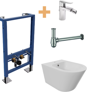 Bidet Set: Luca Varess Calibro, Wand-Bidet, Weiß, Luca Varess Verna Basis Vorwandelement, Blaufoss Lima Bidetarmatur Chrom glänzend und Ablauf
